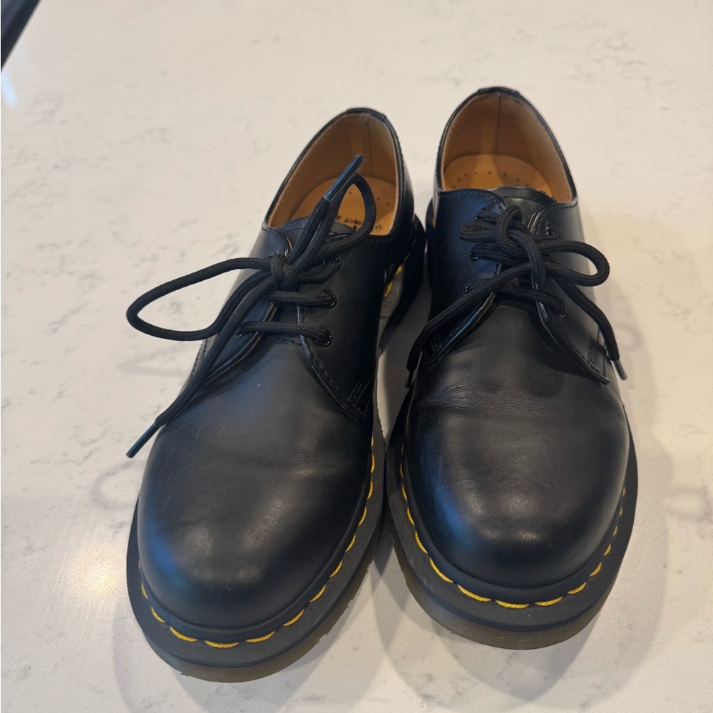 Dr. Martens Black Leather Oxfords with Yellow Stitching